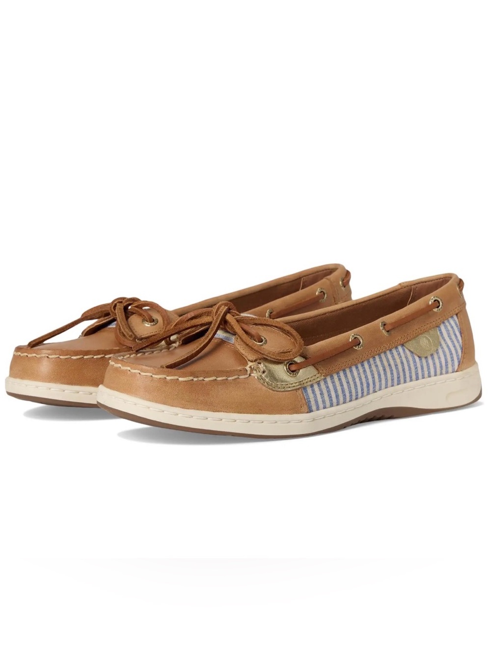 NEVER WORN!! Women’s Tan Leather Sperry Boat Shoes with Blue Stripe Detail